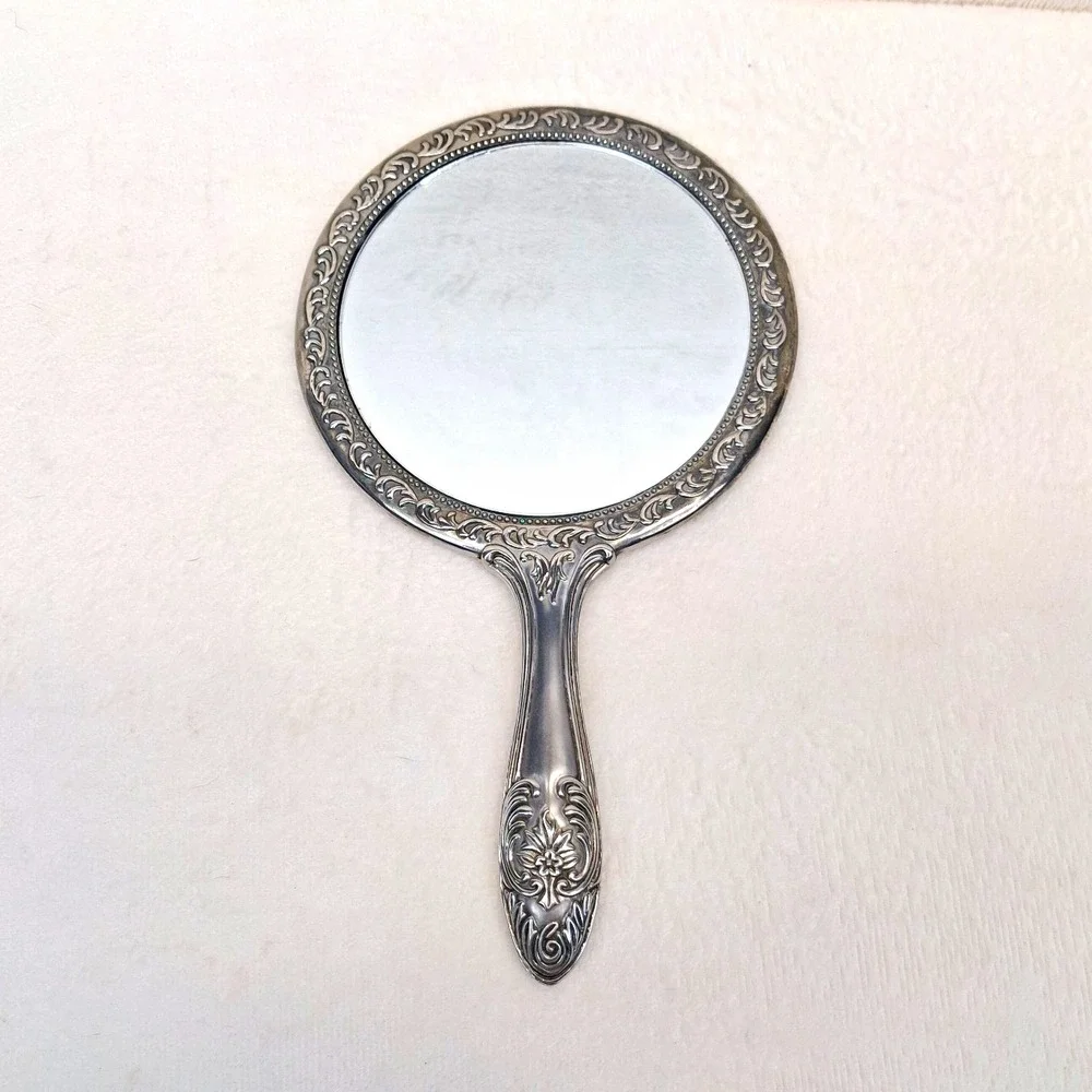Ornate Silver-Tone Floral Metal Handheld Vanity Mirror Approx. 9 in